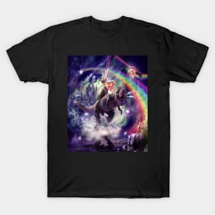 Rainbow Laser Space Cat On Dinosaur Eating Pizza T-Shirt